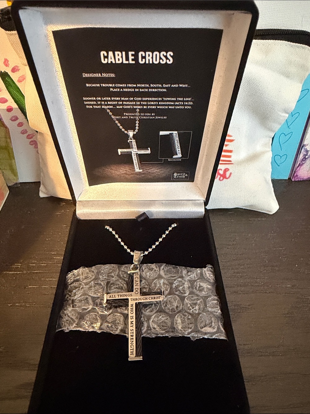 Brand new cross necklace engraved with bible verse.